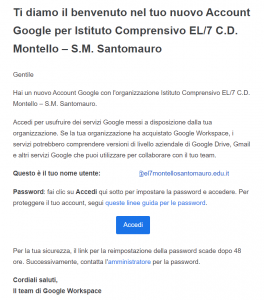 modello email di iscrizione GSuite